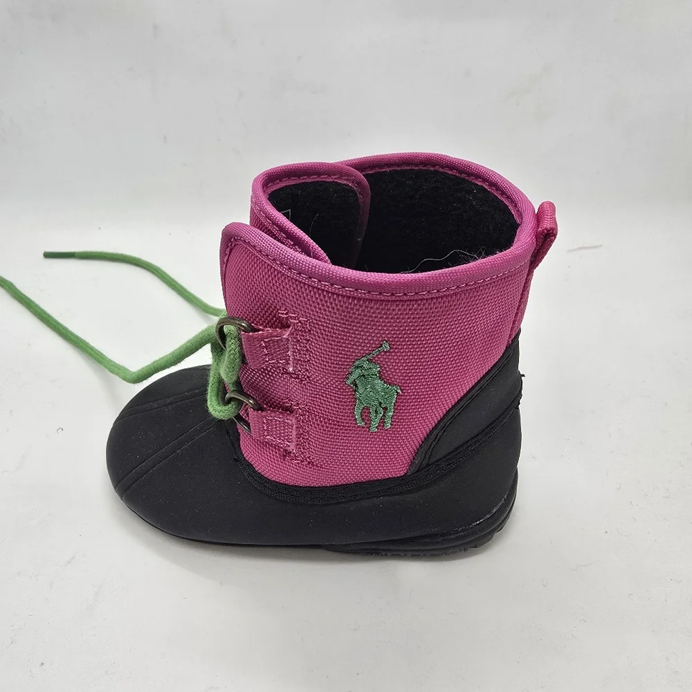 Ralph Lauren Baby Snow Boots | Black w/ Pink | Size USA 2 (4.7” Heel To Toe)